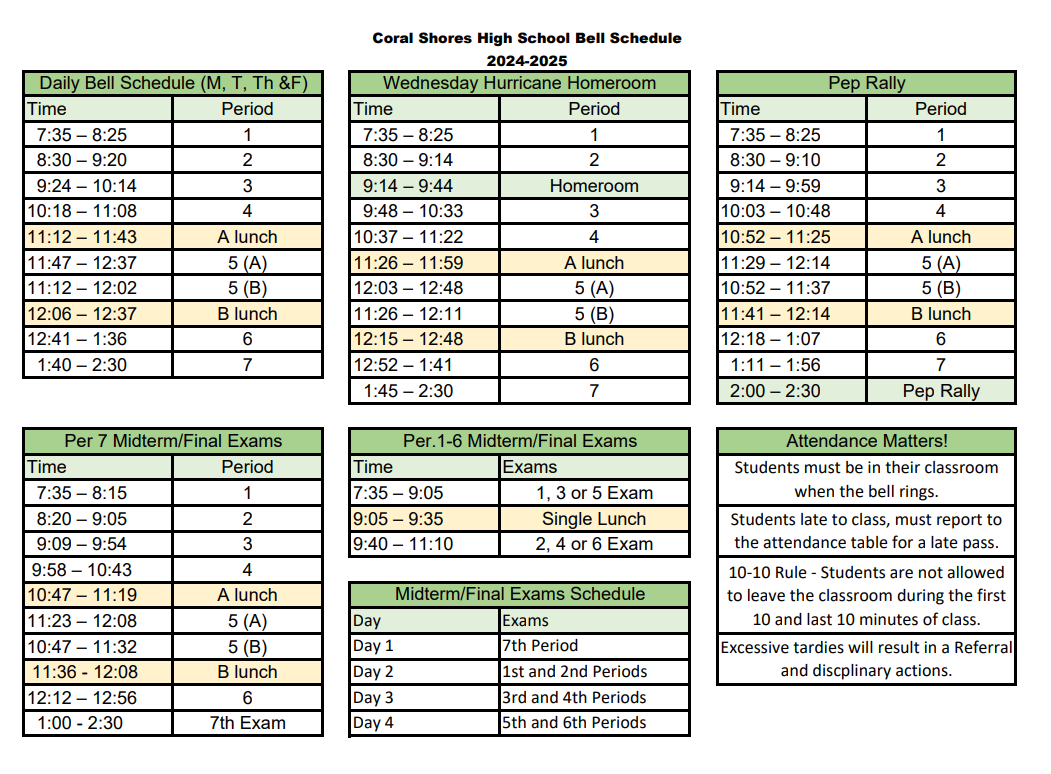 Coral Shores Bell Schedule